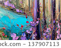 Colorful abstract oil painting with vibrant flowers and textured brush strokes in 137907113