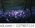Purple flowers blooming in dark forest with trees and soft light illuminating 137907114