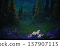Vibrant oil painting of purple and white flowers in lush green forest 137907115