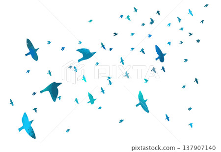 Flying birds blue silhouette flock. hand drawing. Not AI. Vector illustration 137907140