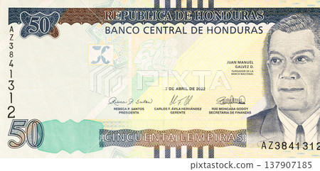 Cash in Honduras, 50 lempira note issued by Banco Central De Honduras. Cash in Honduras, 50 lempira note issued by Banco Central De Honduras. 137907185
