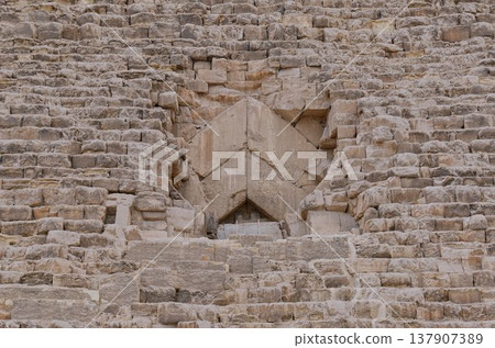 Stone structure details of the original entrance to the Great Pyramid of Giza (Khufu's Pyramid) Stone structure details of the original entrance to the Great Pyramid of Giza (Khufu's Pyramid) 137907389