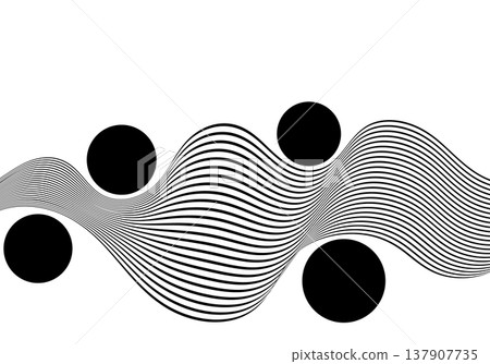 Modern abstract black and white wave of rhythmic parallel lines and large black round elements on a white background Eps 10 137907735