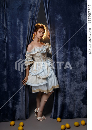Vintage Woman Peering. Woman Peeks From Backstage Area. Curious Woman Steps Into Faint Illumination 137907745