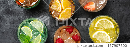 Cocktail assortment banner top view colorful Cocktail assortment banner top view colorful 137907800