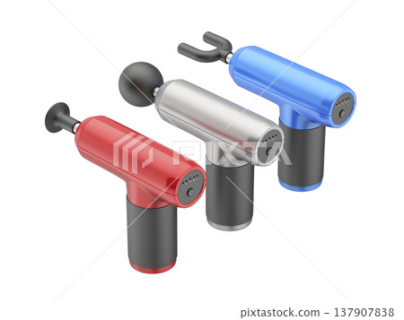 Three massage guns with different colors and massage heads 137907838