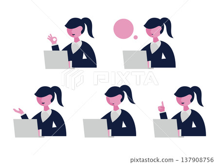 一組向量插圖，描繪了一位身穿西裝的女性正在操作電腦，並做出手勢（面向右側）。 137908756