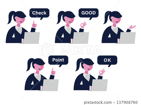 一組向量插圖，描繪了一位身穿西裝、坐在電腦前的女性，她正在做手勢和發表評論（面向右側）。 137908760