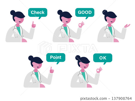 一組女醫生的手部手勢和評論的向量插圖（面向右側） 137908764
