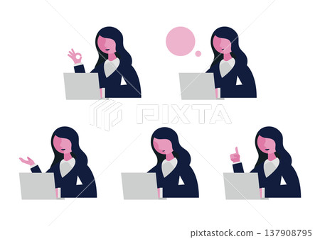 Vector illustration set of a woman in a suit operating a computer, making a hand gesture (facing right) 2 Vector illustration set of a woman in a suit operating a computer, making a hand gesture (facing right) 2 137908795