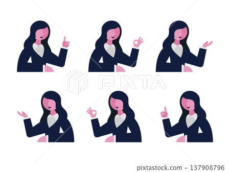 一組向量插圖,描繪了一位身穿西裝的女性做出手勢(共2張)。 一組向量插圖,描繪了一位身穿西裝的女性做出手勢(共2張)。 137908796