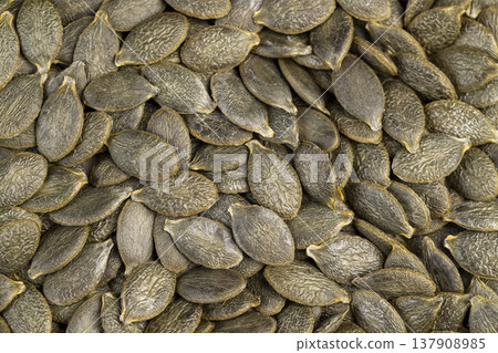 large green and dried pumpkin seeds scattered on the table, a large number of pumpkin seeds dried and ready for subsequent cooking large green and dried pumpkin seeds scattered on the table, a large number of pumpkin seeds dried and ready for subsequent cooking 137908985
