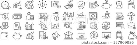A set of monochrome vector line art icons related to asset management. 137909086