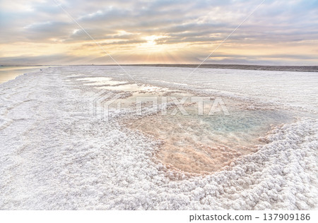 Crystalline white salt beach lit by morning sun, small pools with seawater at Dead Sea - world most hypersaline lake Crystalline white salt beach lit by morning sun, small pools with seawater at Dead Sea - world most hypersaline lake 137909186