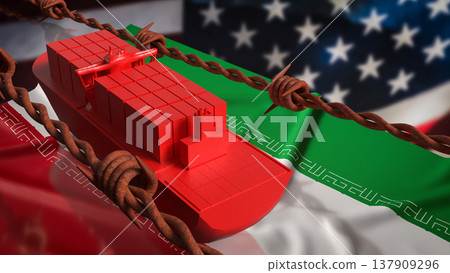 Global Trade Conflict Cargo Ship Behind Barbed Wire 3d render. Global Trade Conflict Cargo Ship Behind Barbed Wire 3d render. 137909296