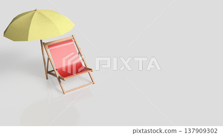 Relaxing Beach Chair Under Yellow Umbrella Minimal Summer Scene 3d render. 137909302
