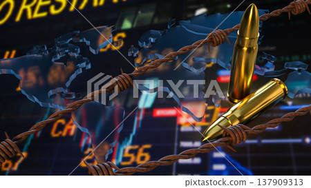 Global Conflict And Economic Crisis Concept With Bullets And World Map 3d render. 137909313
