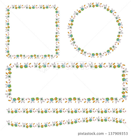 Cute Easter Bunny and Colorful Eggs Cartoon Boarder line 137909353