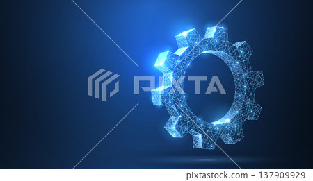 Gears. Abstract vector wireframe two gear 3d modern illustration on dark blue background. 137909929