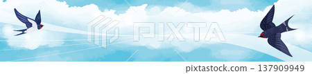 Horizontal background image of swallows flying in a blue sky: Vector illustration for web headers and banners. Horizontal background image of swallows flying in a blue sky: Vector illustration for web headers and banners. 137909949