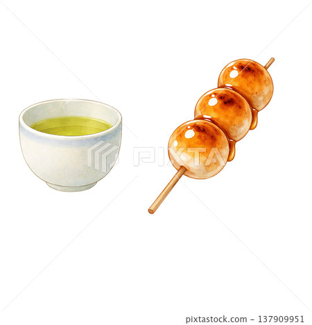 Mitarashi dango and green tea: Simple Japanese sweets, Japanese cafe, watercolor illustration material. Mitarashi dango and green tea: Simple Japanese sweets, Japanese cafe, watercolor illustration material. 137909951