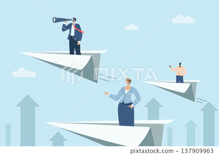 Business development concept, new ideas, Business opportunities open up world view, Businessman using binoculars on paper plane. Research and forecast concept. Vector design illustration. Business development concept, new ideas, Business opportunities open up world view, Businessman using binoculars on paper plane. Research and forecast concept. Vector design illustration. 137909963