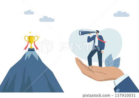 Business leader mentor or advice to employees or beginners, Business development successful organization, Businessman standing binoculars looking for trophies. Vector design illustration. Business leader mentor or advice to employees or beginners, Business development successful organization, Businessman standing binoculars looking for trophies. Vector design illustration. 137910031