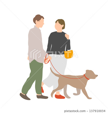 一對夫婦牽著一隻大狗散步的插圖。 一對夫婦牽著一隻大狗散步的插圖。 137910034