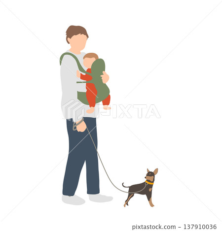 A father walking his dog while carrying his baby in a baby carrier. 137910036