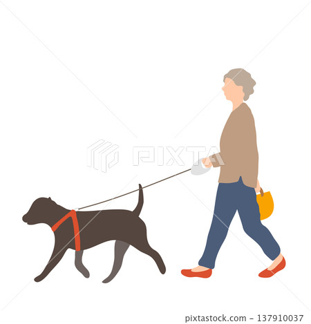 一位老婦人牽著一隻大狗的插圖。 一位老婦人牽著一隻大狗的插圖。 137910037