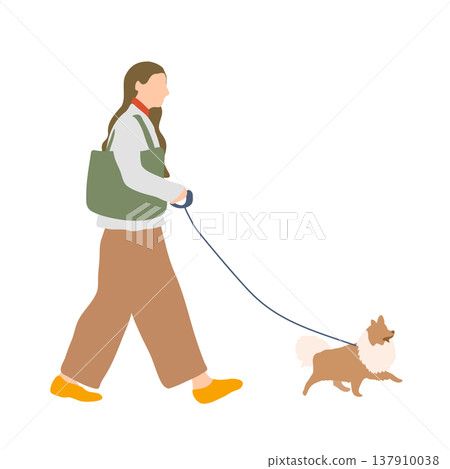 一位身著休閒裝的女士正在遛狗。 一位身著休閒裝的女士正在遛狗。 137910038