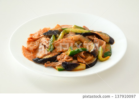 Spicy stir-fried pork, eggplant and cucumber with miso Spicy stir-fried pork, eggplant and cucumber with miso 137910097