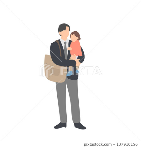 Illustration of a father commuting to work while carrying his child. 137910156