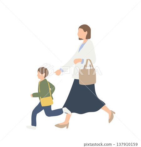 插圖描繪了一位母親在上班或送孩子去托兒所的路上,一邊追著奔跑的孩子一邊奔跑的情景。 插圖描繪了一位母親在上班或送孩子去托兒所的路上,一邊追著奔跑的孩子一邊奔跑的情景。 137910159