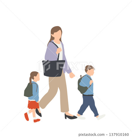 插圖描繪了一位母親通勤上班並送兩個孩子去日託中心的情景。 137910160