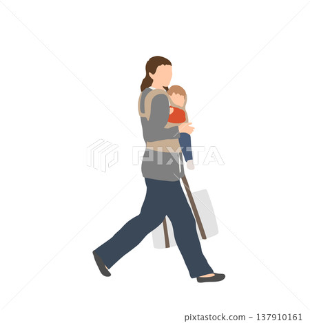 一幅描繪母親背著嬰兒背帶裡的孩子和自己的行李去上班的插圖。 137910161