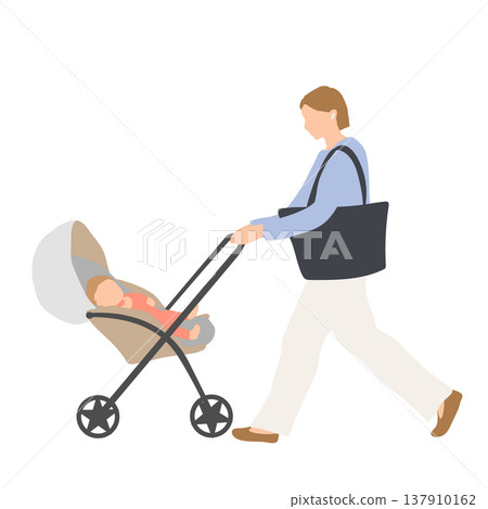 插圖描繪了一位推著嬰兒車上班的女士。 137910162