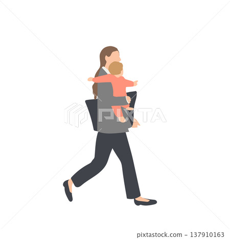 Illustration of a woman commuting to work while carrying her child. 137910163