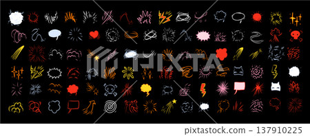 Color comic effect manga elements set on black background. Vibrant neon blasts, rockets, starbursts and speech 137910225