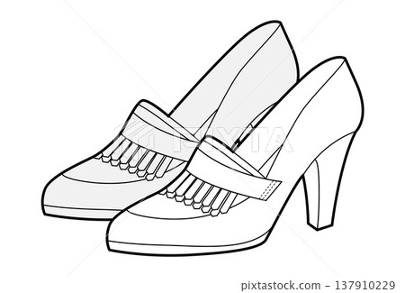 Kiltie pump women heel sketch pair. Fringe loafer inspired dress footwear for office, college, vintage outfit smart look Kiltie pump women heel sketch pair. Fringe loafer inspired dress footwear for office, college, vintage outfit smart look 137910229