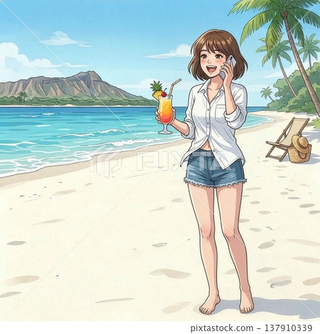 一位可愛的女子在熱帶海灘上,手拿水果,正在打電話。 一位可愛的女子在熱帶海灘上,手拿水果,正在打電話。 137910339
