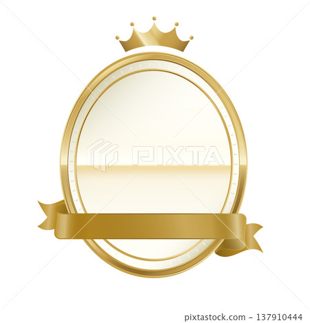 Gold oval frame badge with crown and ribbon (template) 137910444