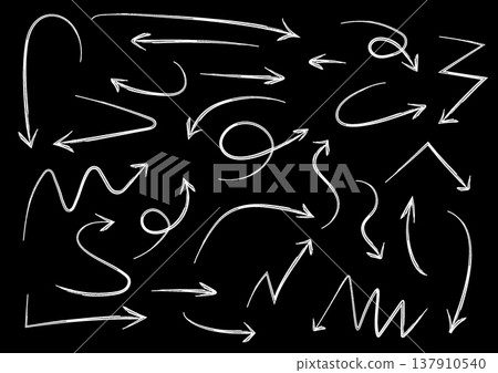 Brushstroke-style white hand-drawn arrows - Variation set - Black background 137910540