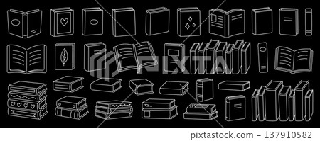 White outline set of books on black background. Including open, closed, and stacked book styles White outline set of books on black background. Including open, closed, and stacked book styles 137910582