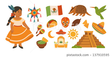 Mexican culture icons set with dancer, tequila, tacos, flag, maracas and traditional symbols Mexican culture icons set with dancer, tequila, tacos, flag, maracas and traditional symbols 137910595