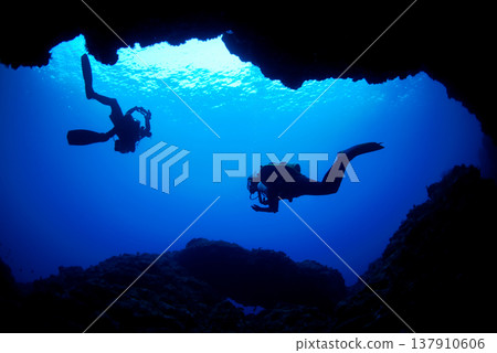 Silhouette of a diver swimming in a blue hole Silhouette of a diver swimming in a blue hole 137910606