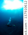 潛水員和氣泡在光線中游動 137910612