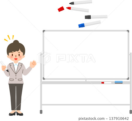 一位身穿西裝的女士站在白板旁,手裡拿著一支馬克筆。 一位身穿西裝的女士站在白板旁,手裡拿著一支馬克筆。 137910642
