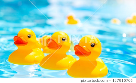 Yellow rubber ducks in the swimming pool. Close-up. Selective focus Yellow rubber ducks in the swimming pool. Close-up. Selective focus 137910705
