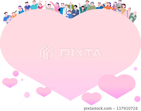 An illustration featuring a heart surrounded by diverse people, with space for copy on social security, welfare, and other related topics. 137910728